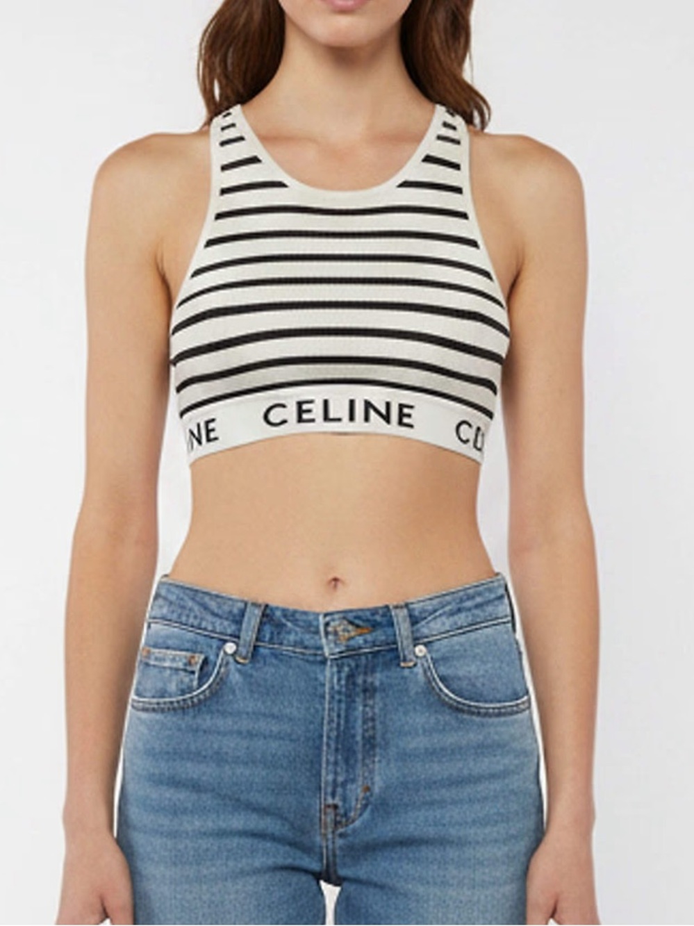 Celine Black and White Striped Ribbed Crop Tank